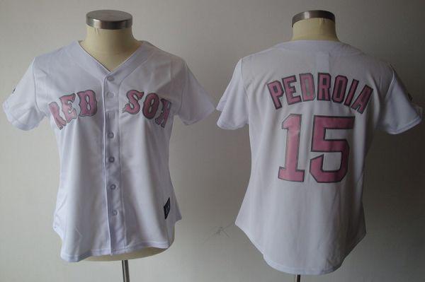 Red Sox #15 Dustin Pedroia White Pink No. Women's Fashion Stitched MLB Jersey - Click Image to Close